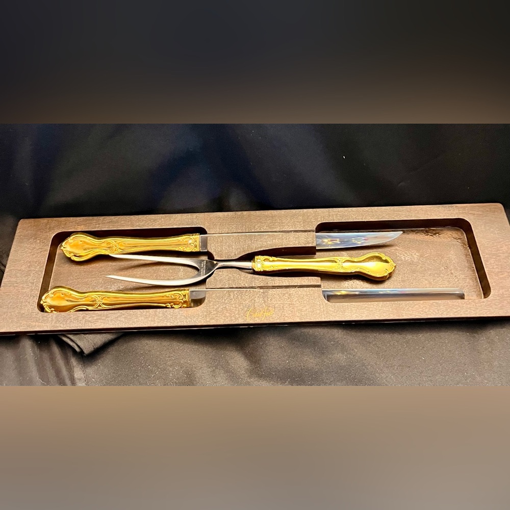 VTG Carvel Hall Gold Carving Set 3pc Mid Century Modern MCM Knife Fork Host Retr - Picture 5 of 12